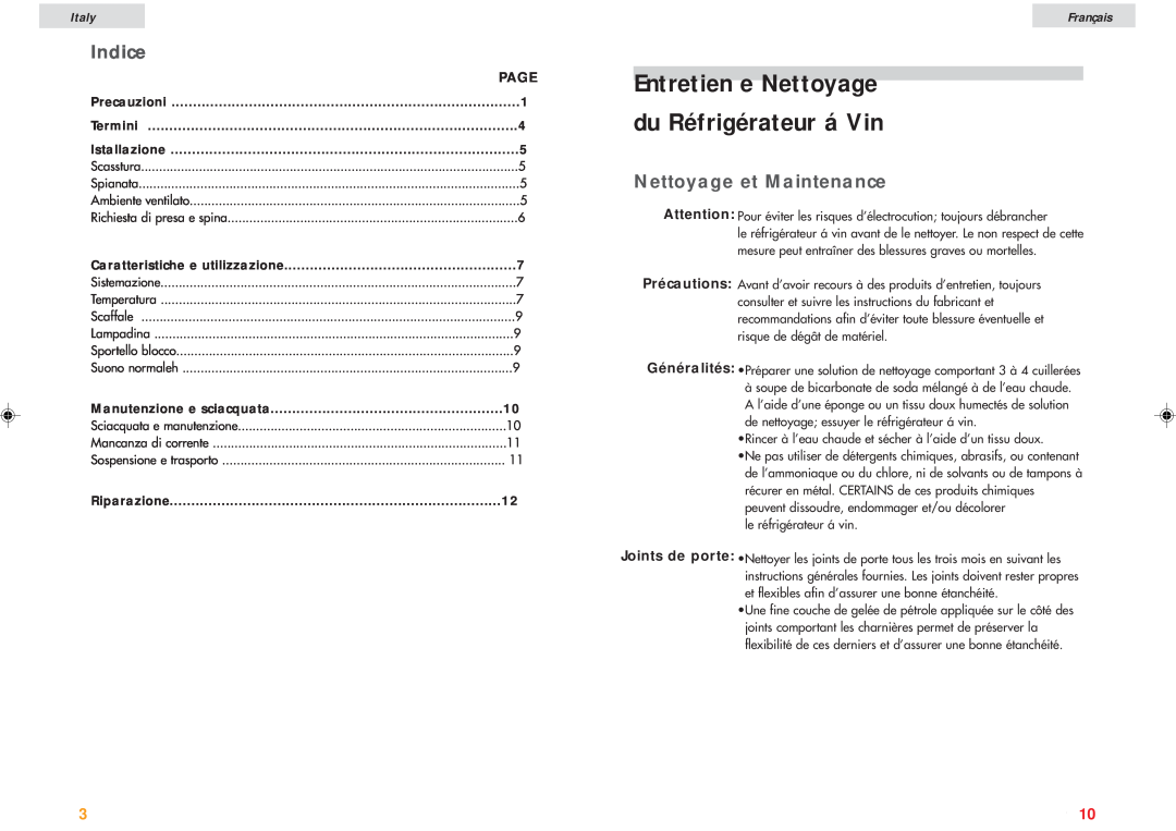 Haier JC-82G Entretien e Nettoyage du Réfrigérateur á Vin, Indice, Nettoyage et Maintenance, Italy, Page, Français, 1010 