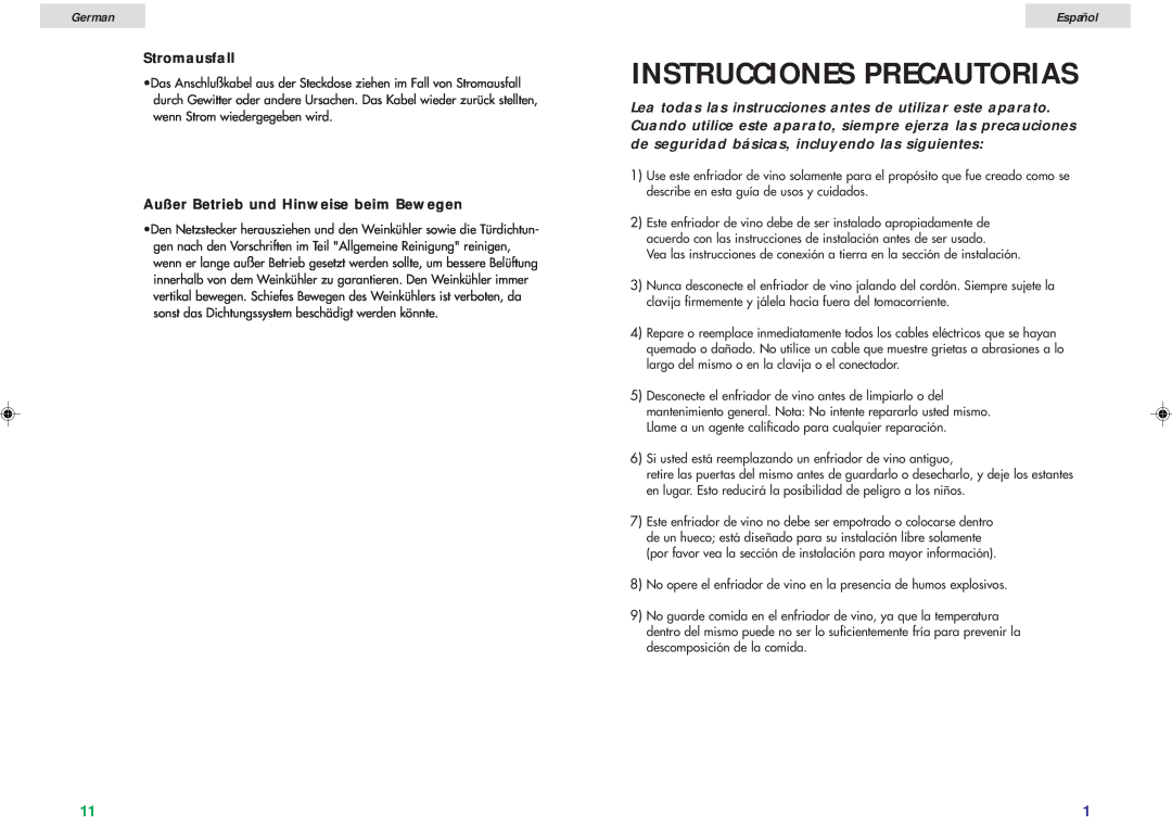 Haier JC-82G user manual Español, Stromausfall, Außer Betrieb und Hinweise beim Bewegen, Instrucciones Precautorias, German 