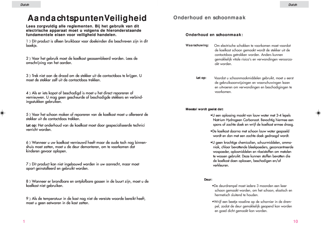 Haier JC-82G user manual AandachtspuntenVeiligheid, Onderhoud en schoonmaak, Dutch 