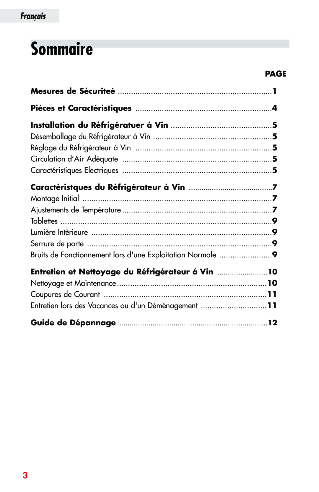 Haier JC-82GB Sommaire, Entretien et Nettoyage du Réfrigérateur á Vin, Français, Page, Mesures de Sécuriteé, Tablettes 