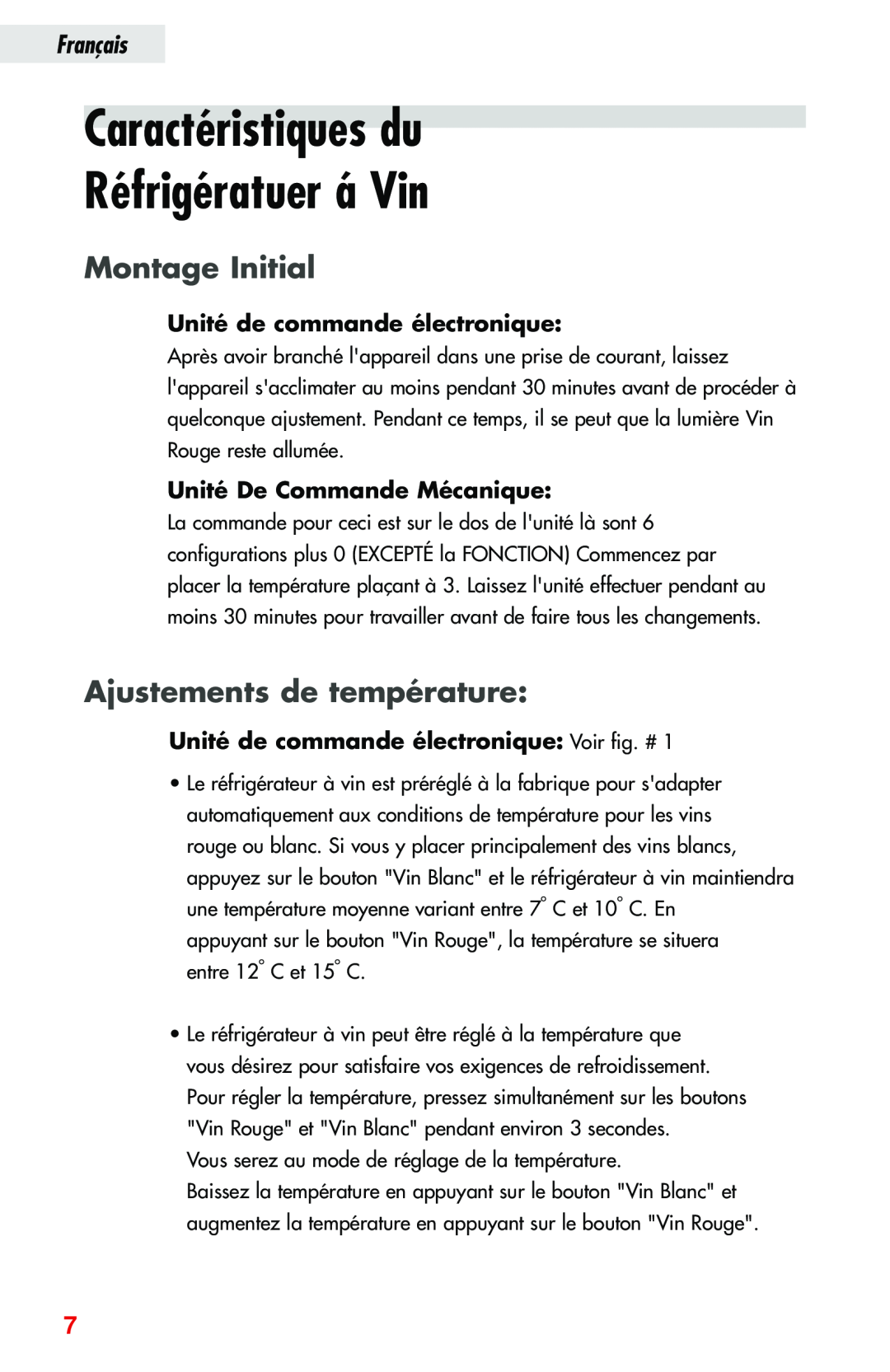 Haier JC-82GB manual Caractéristiques du Réfrigératuer á Vin, Montage Initial, Ajustements de température, Français 
