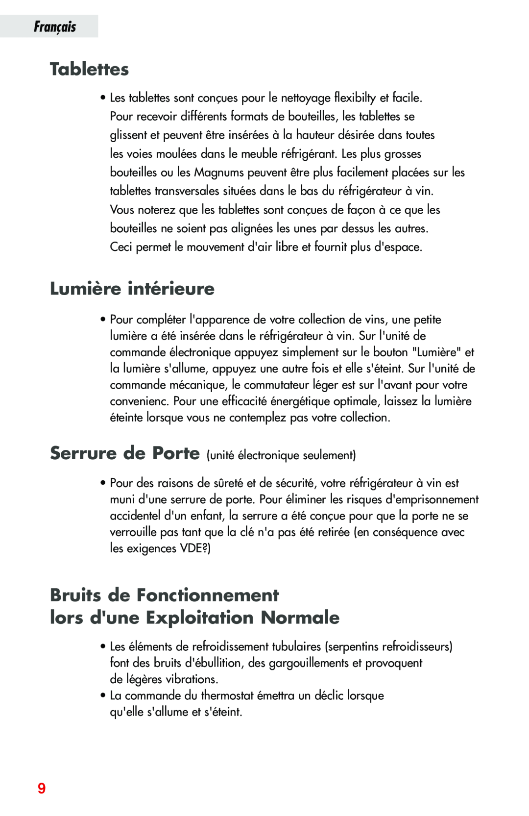 Haier JC-82GB manual Tablettes, Lumière intérieure, Bruits de Fonctionnement lors dune Exploitation Normale, Français 