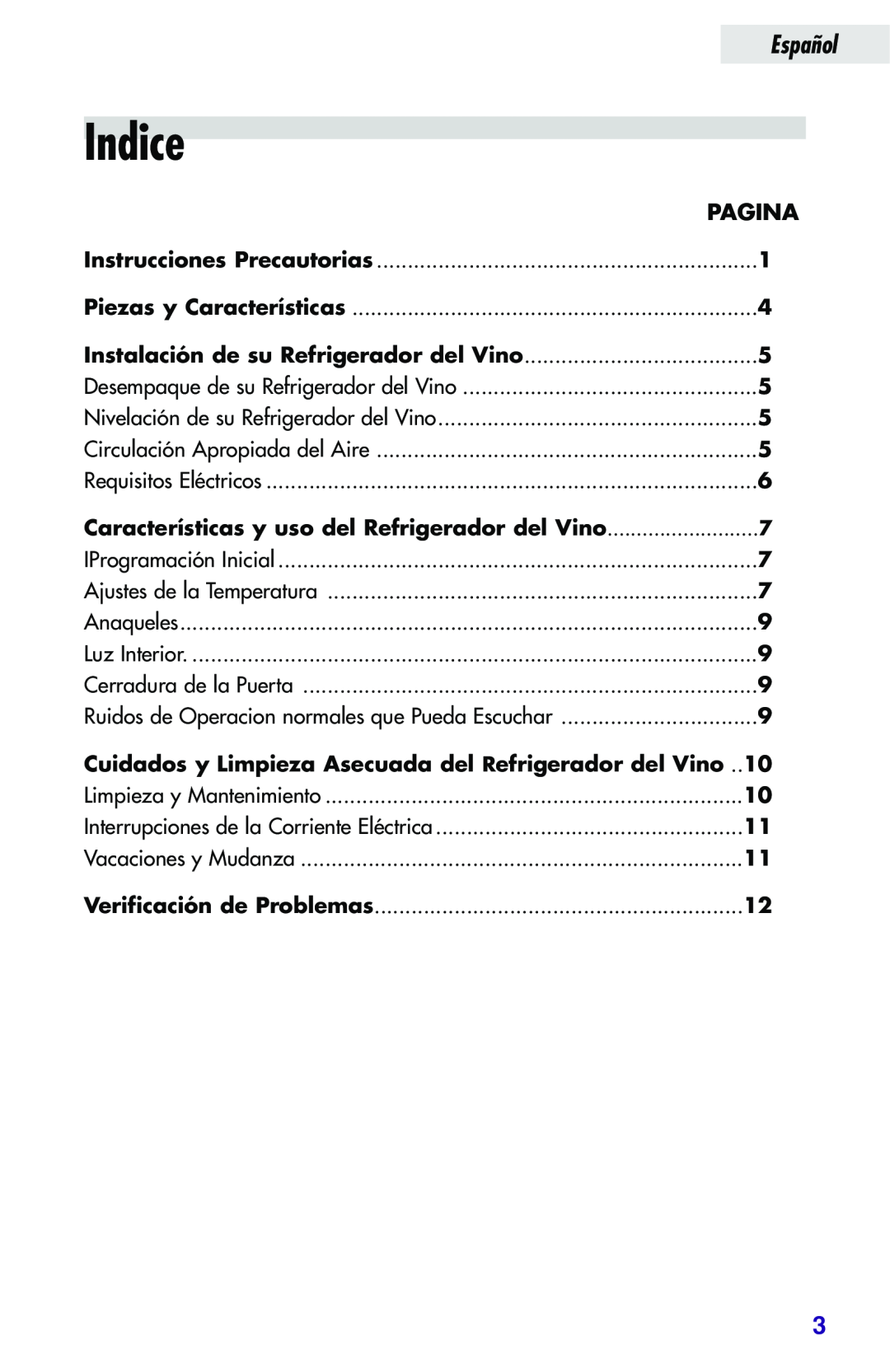 Haier JC-82GB manual Indice, Pagina, Características y uso del Refrigerador del Vino, Español, Instrucciones Precautorias 