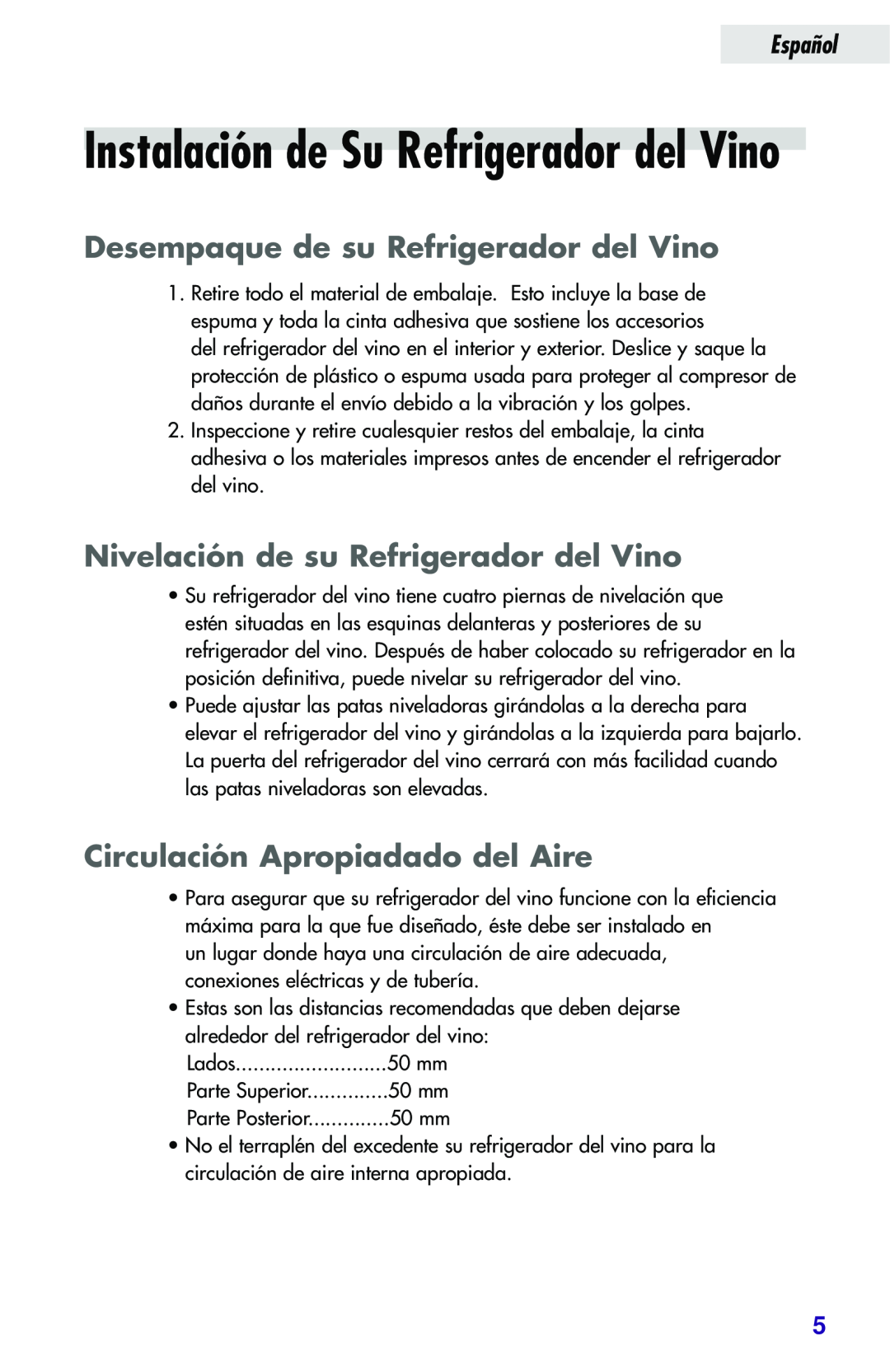 Haier JC-82GB manual Desempaque de su Refrigerador del Vino, Nivelación de su Refrigerador del Vino, Español 