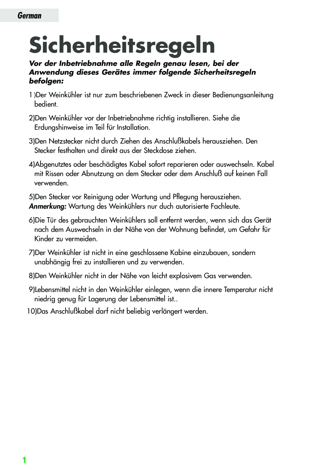 Haier JC-82GB manual Sicherheitsregeln, German 