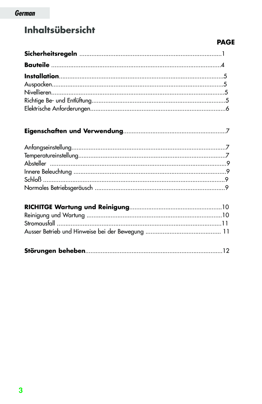 Haier JC-82GB manual Inhaltsübersicht, German, Page 