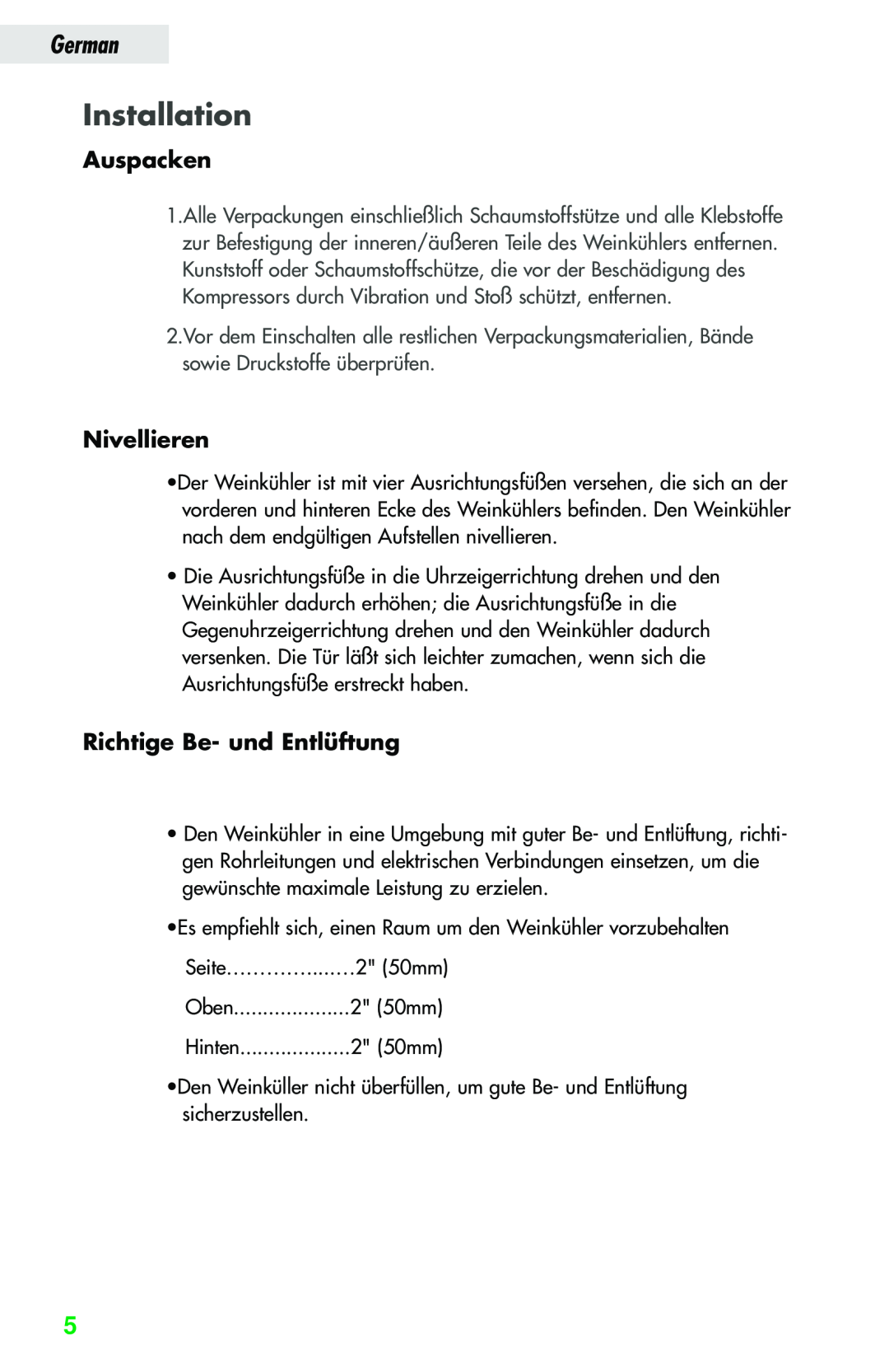 Haier JC-82GB manual Installation, Auspacken, Nivellieren, Richtige Be- und Entlüftung, German 