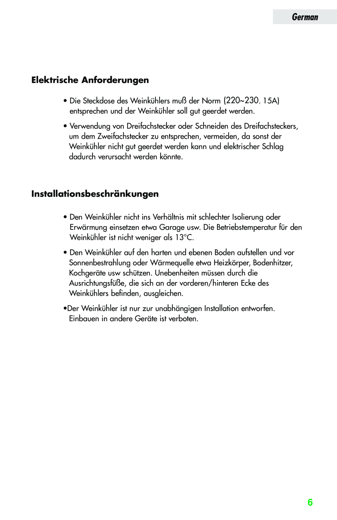 Haier JC-82GB manual Elektrische Anforderungen, Installationsbeschränkungen, German 