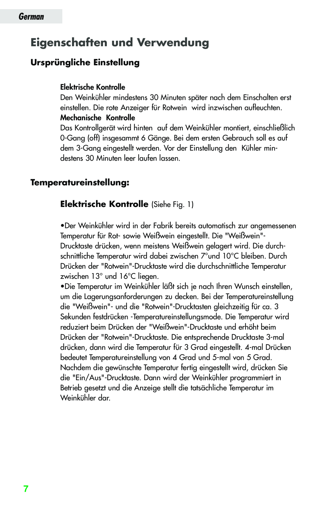 Haier JC-82GB manual Eigenschaften und Verwendung, Ursprüngliche Einstellung, German 