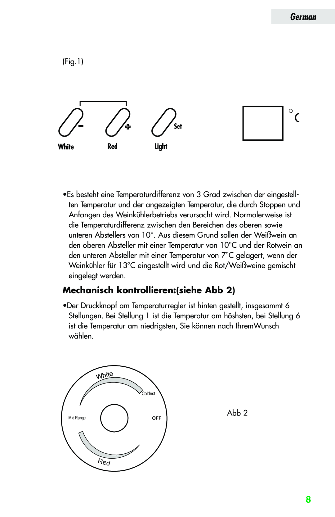Haier JC-82GB manual Mechanisch kontrollierensiehe Abb, German, WhiteRedLight, + Set 