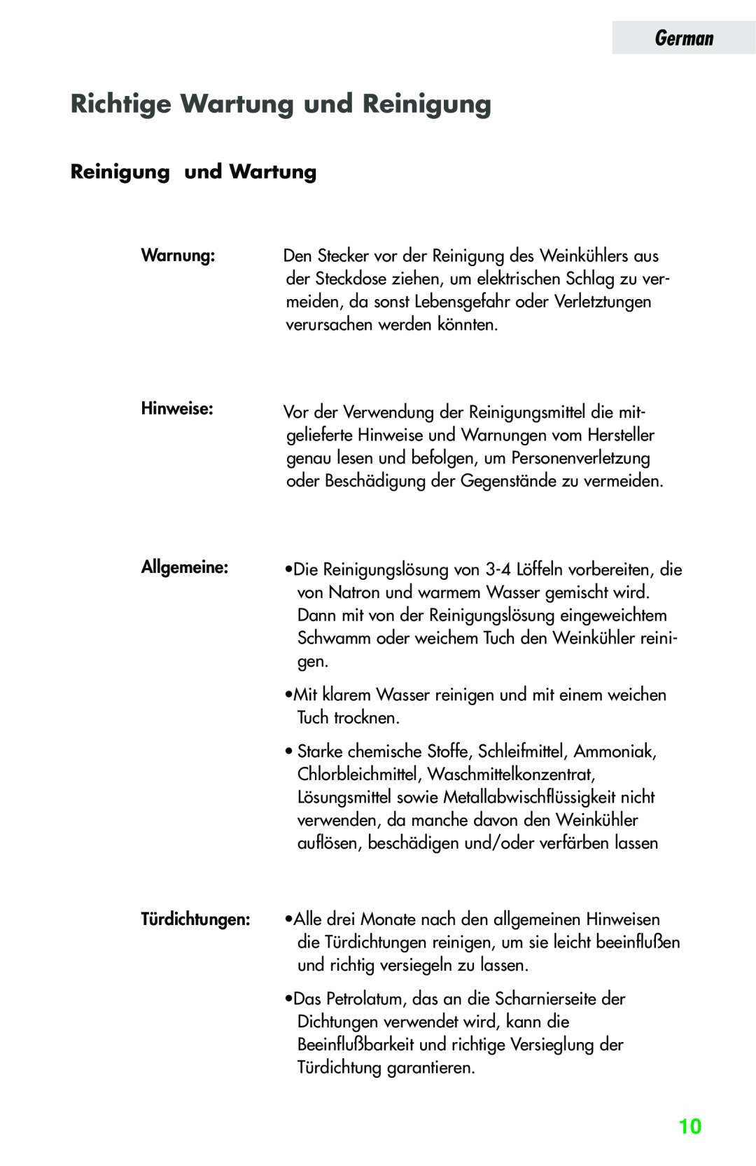 Haier JC-82GB manual Richtige Wartung und Reinigung, Reinigung und Wartung, German 