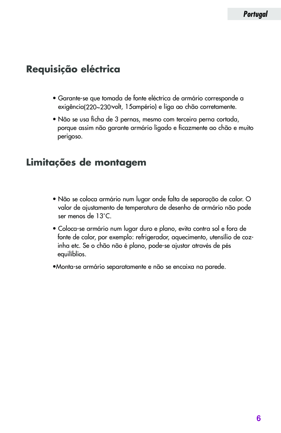 Haier JC-82GB manual Requisição eléctrica, Limitações de montagem, Portugal 