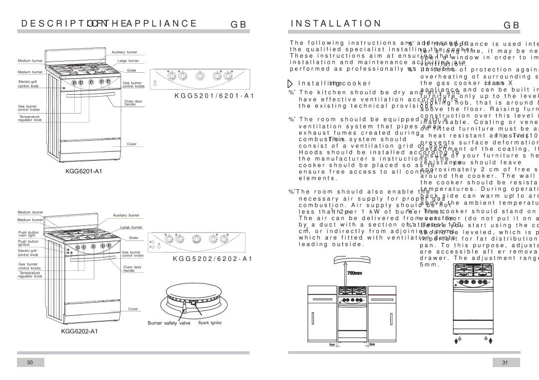 Haier KGG6201-A1, KGG6202-A1, KGG5202-A1, KGG5201-A1 manual Description of the Appliance Installation, Installing the cooker 