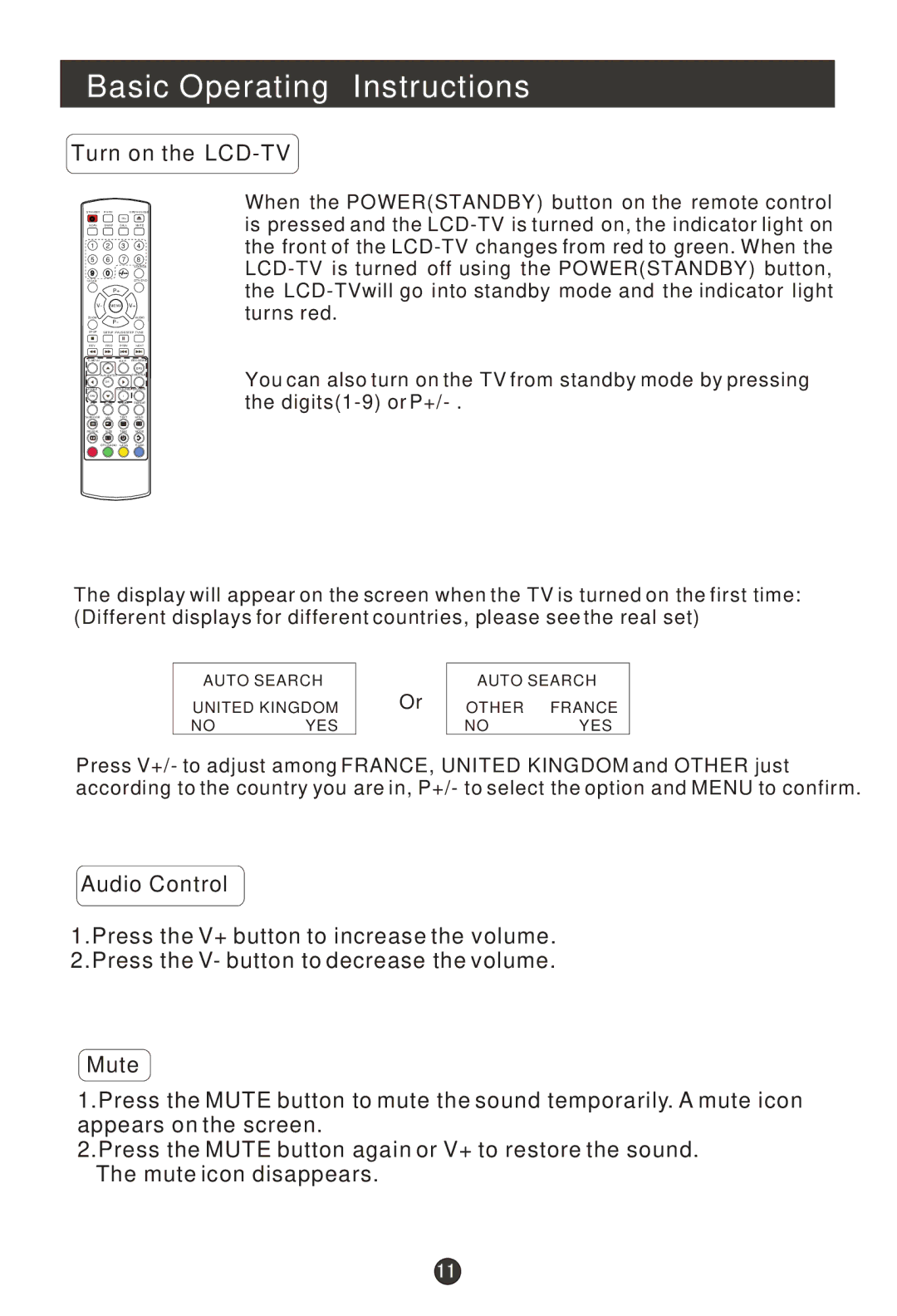 Haier L15T11W-A user manual Basic Operating Instructions, Turn on the LCD-TV, Audio Control, Mute 