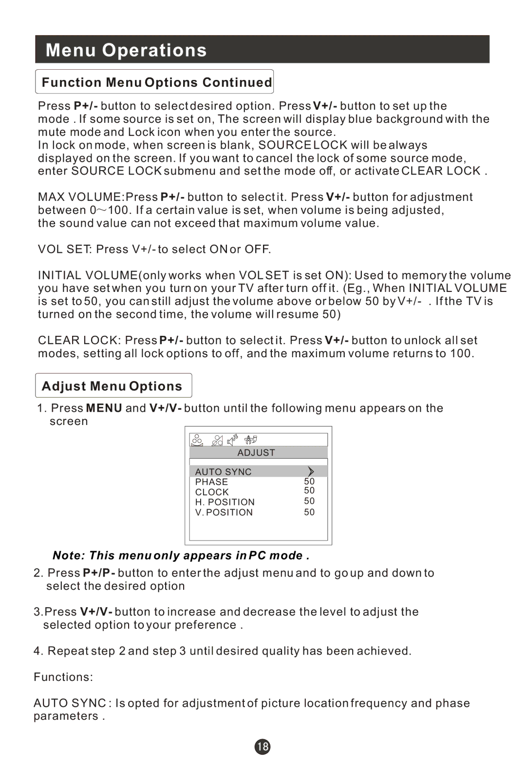 Haier L15T11W-A user manual Adjust Menu Options 