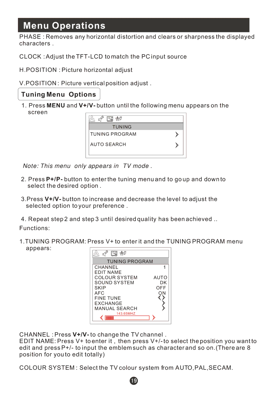 Haier L15T11W-A user manual Tuning Menu Options 