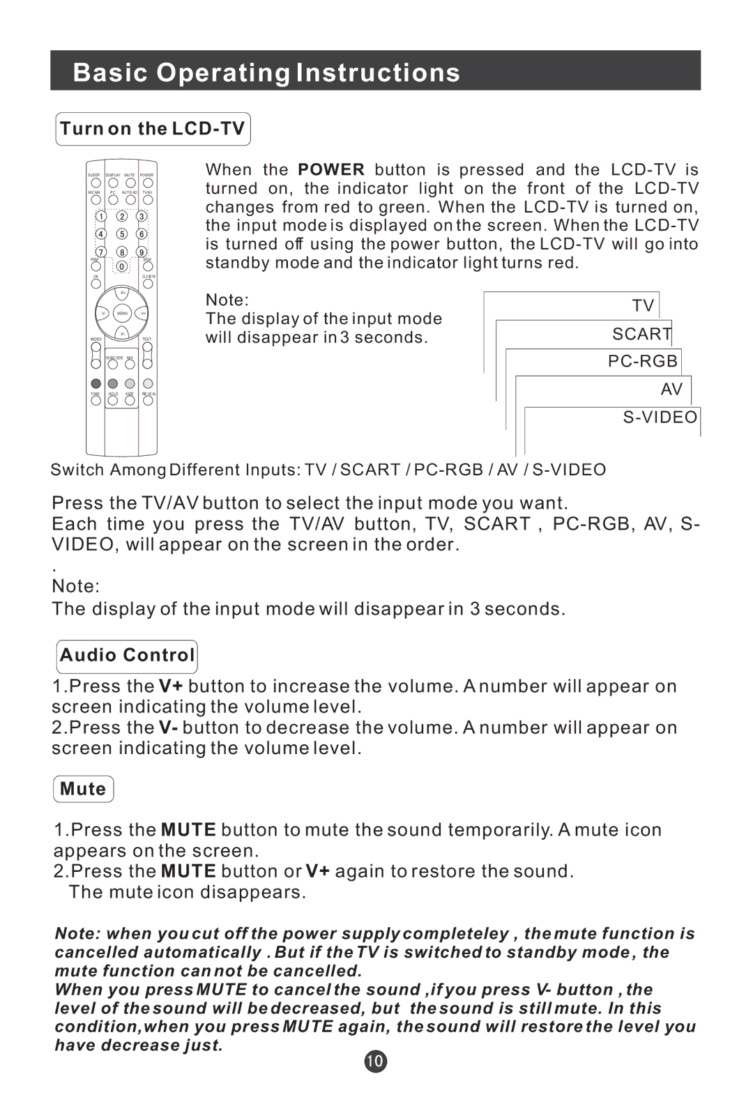 Haier L17D2-A0, L15SV6-A0 Basic Operating Instructions, Turn on the LCD-TV, Audio Control, Mute, Scart PC-RGB Video 