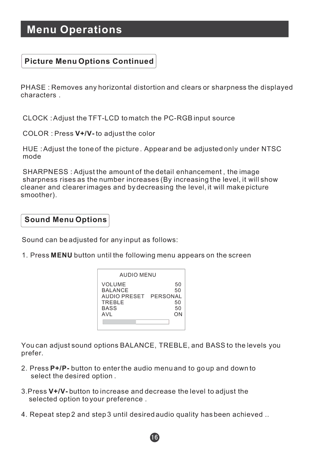 Haier L17D2-A0, L15SV6-A0, L17G1-A0, L15G1-A0, L15D2-A0, L20G1-A0 user manual Sound Menu Options 