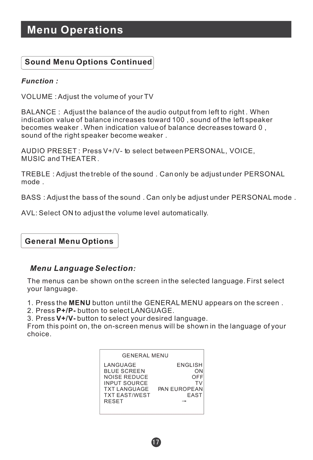 Haier L15SV6-A0, L17D2-A0, L17G1-A0, L15G1-A0, L15D2-A0, L20G1-A0 user manual General Menu Options, Menu Language Selection 