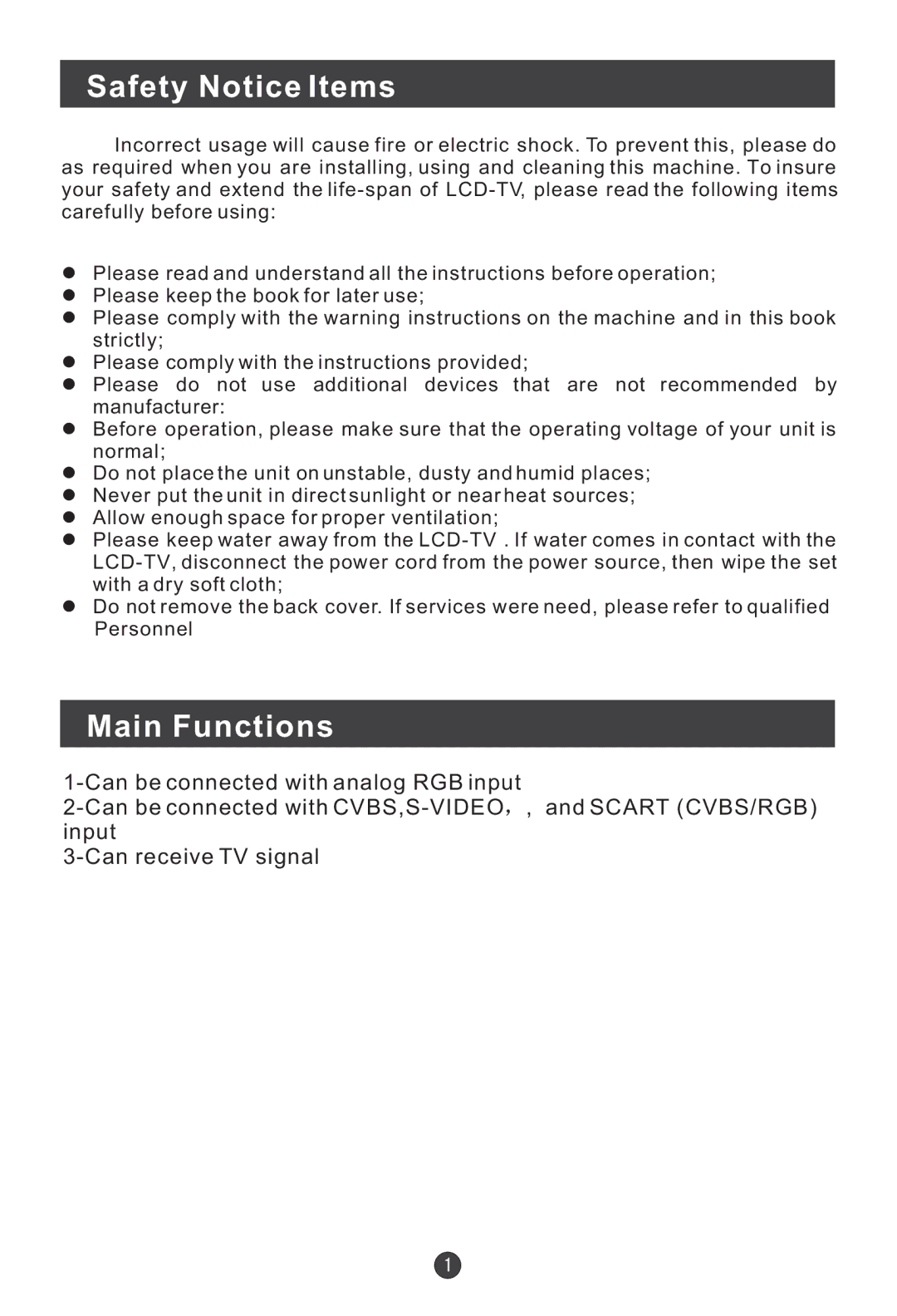 Haier L15G1-A0, L17D2-A0, L15SV6-A0, L17G1-A0, L15D2-A0, L20G1-A0 user manual Safety Notice Items, Main Functions 