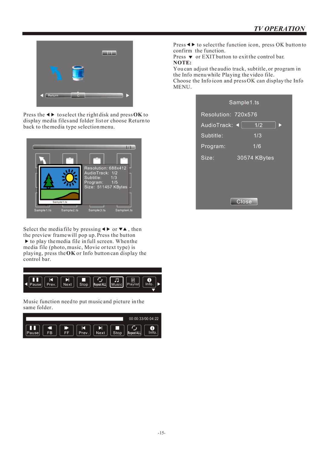 Haier L24M3, L19 M3, L22M3 owner manual Sample1.ts Resolution AudioTrack 1/2 Subtitle1/3 