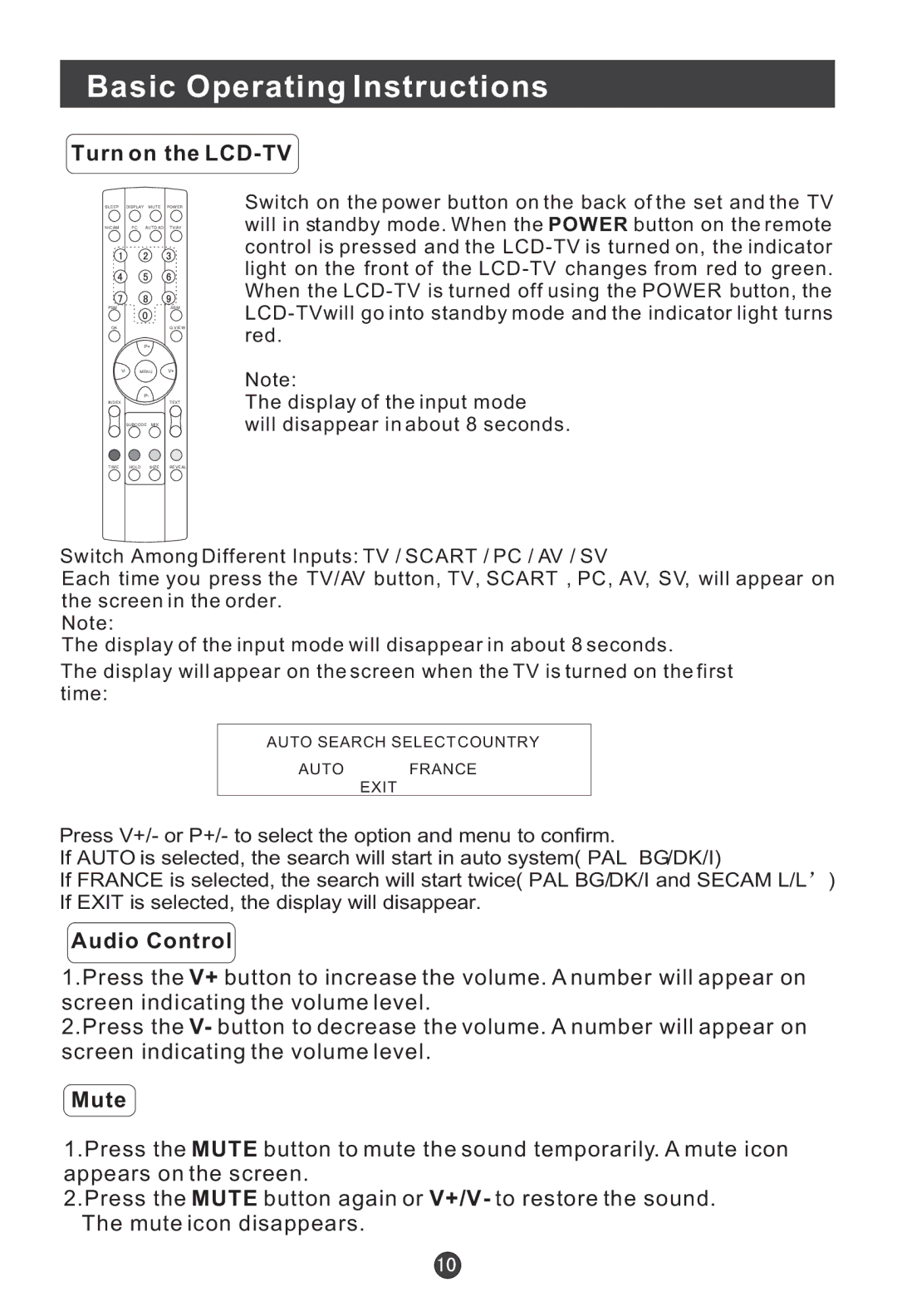 Haier L20A09A, L1909-A, L20A11W, L2009-1, L17A09A Basic Operating Instructions, Turn on the LCD-TV, Audio Control, Mute 