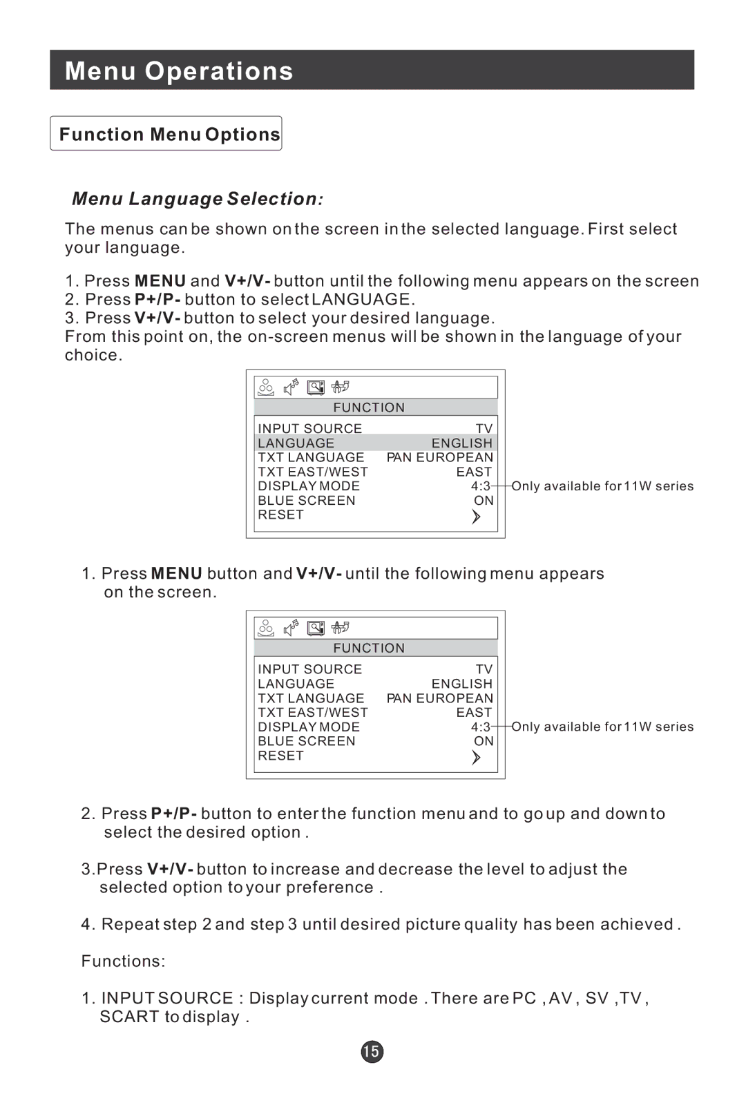 Haier L19A11W, L1909-A, L20A09A, L20A11W, L2009-1, L17A09A, L19A09A, L19A10A Function Menu Options, Menu Language Selection 