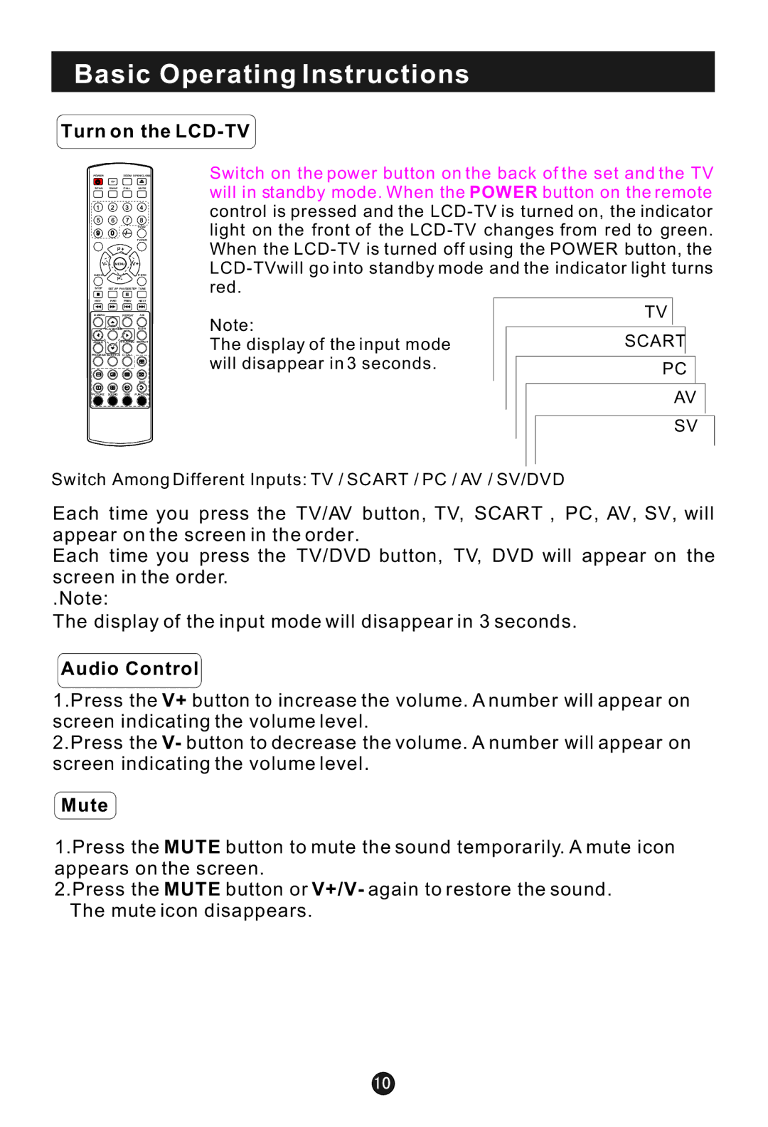 Haier L1920A-C user manual Basic Operating Instructions, Turn on the LCD-TV, Audio Control, Mute 