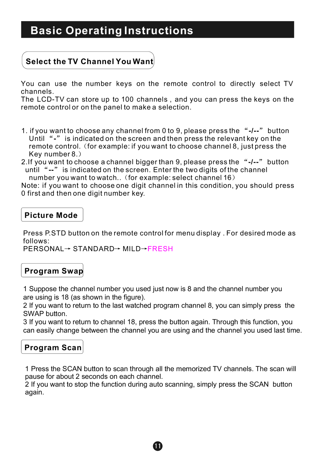 Haier L1920A-C user manual Select the TV Channel You Want, Picture Mode, Program Swap, Program Scan 