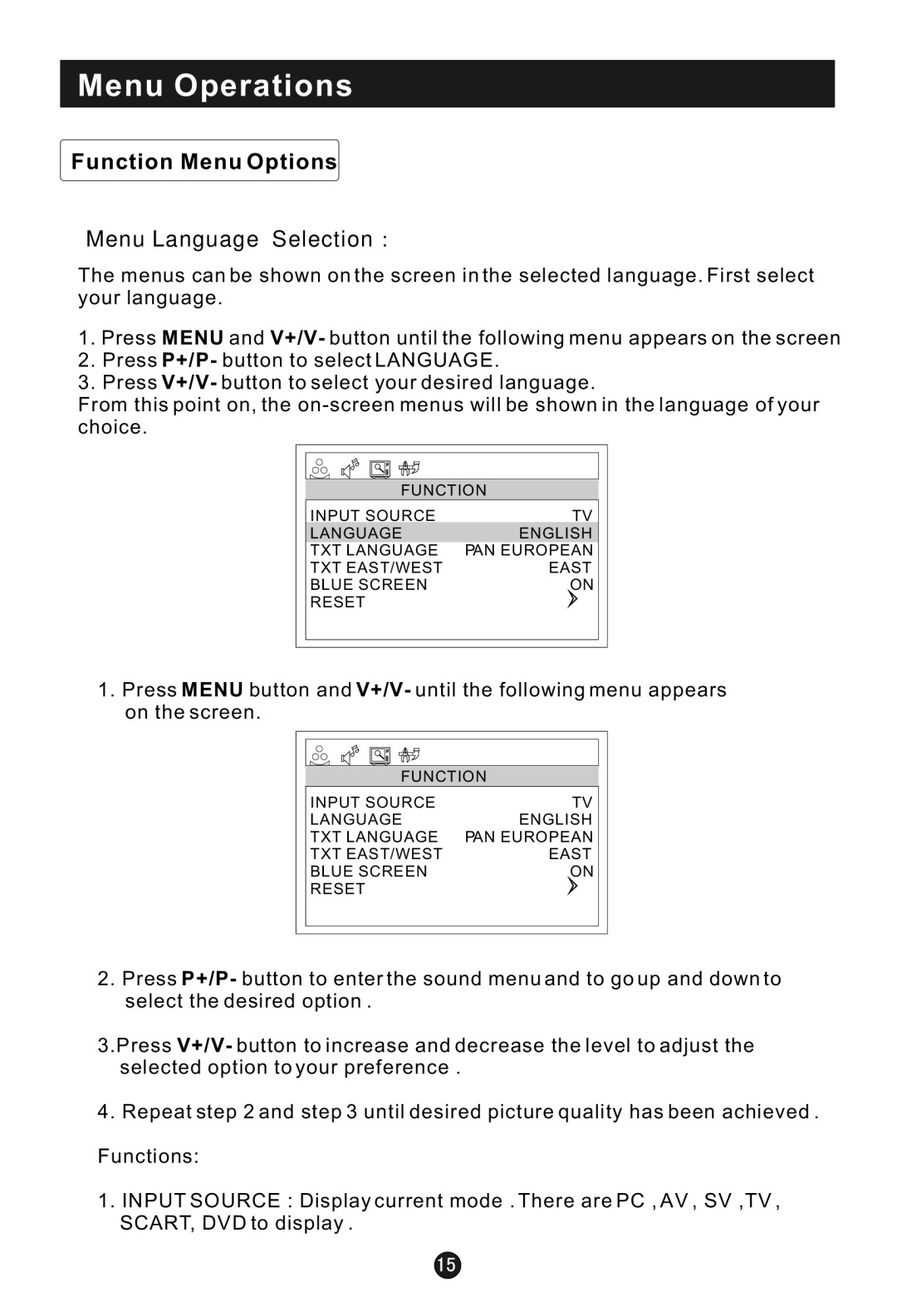 Haier L1920A-C user manual Function Menu Options, Menu Language Selection 