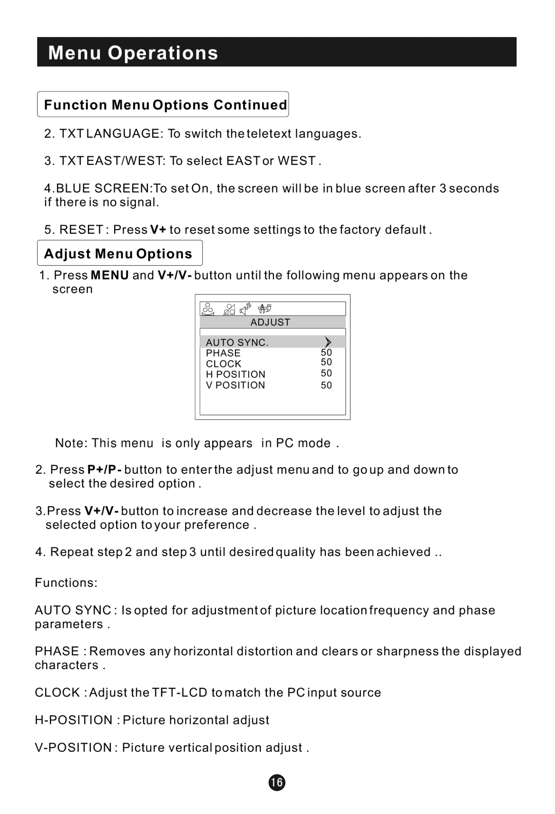 Haier L1920A-C user manual Adjust Menu Options 