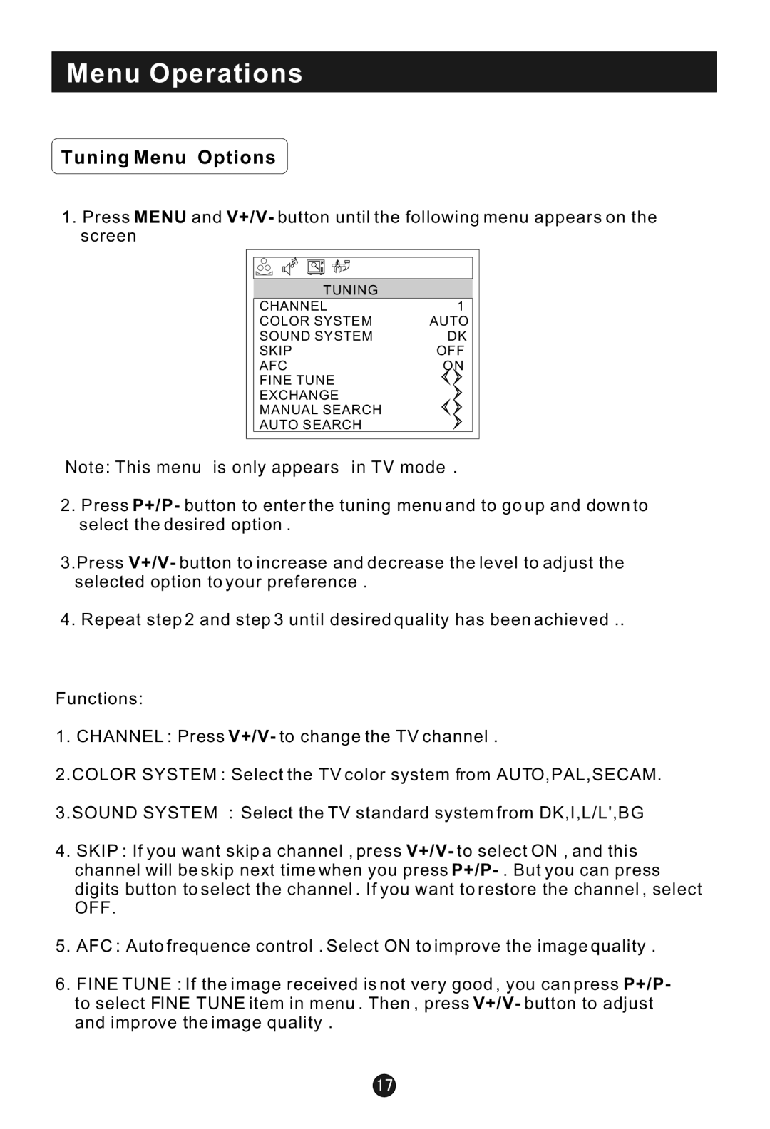 Haier L1920A-C user manual Tuning Menu Options 