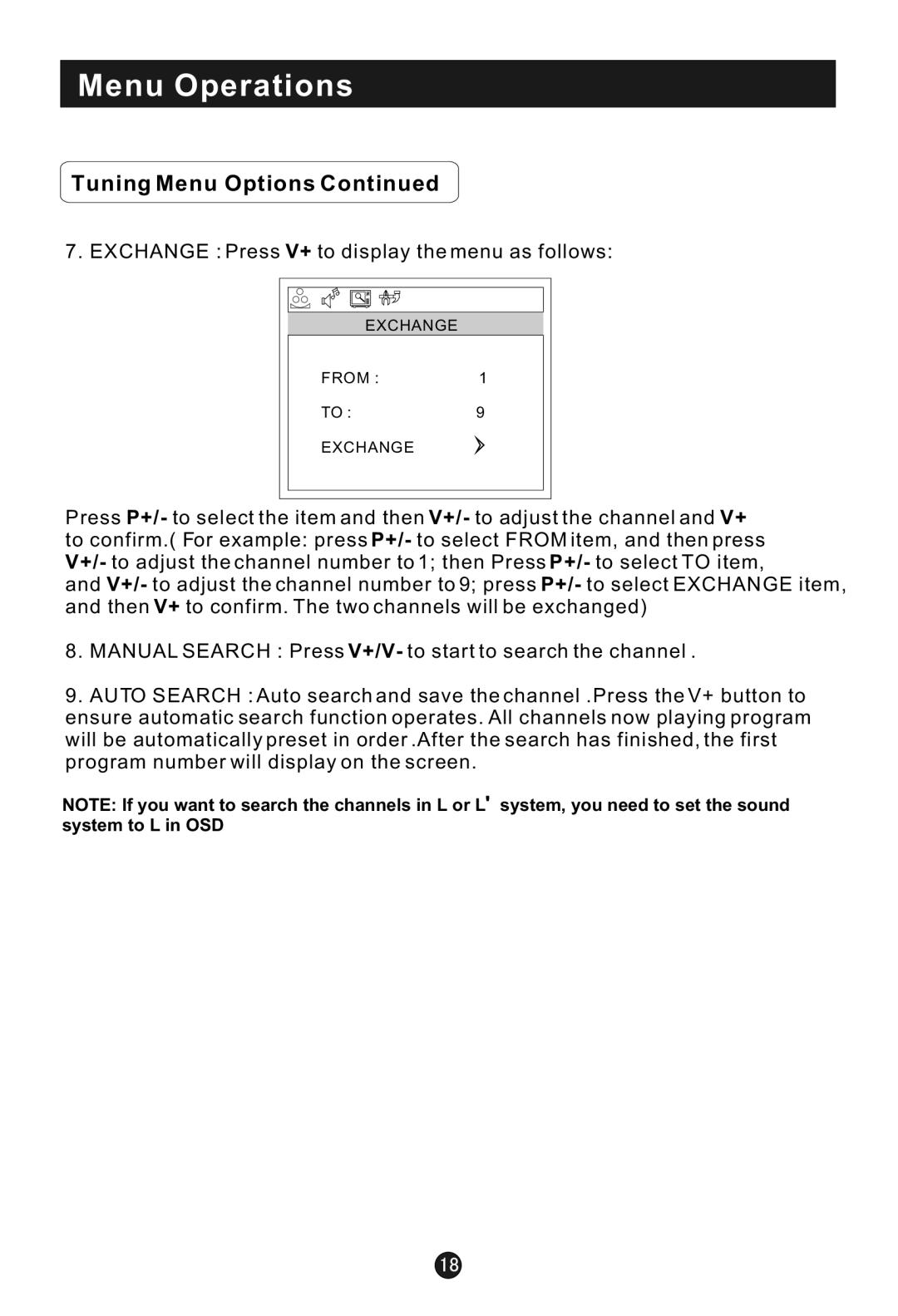 Haier L1920A-C user manual Exchange Press V+ to display the menu as follows 