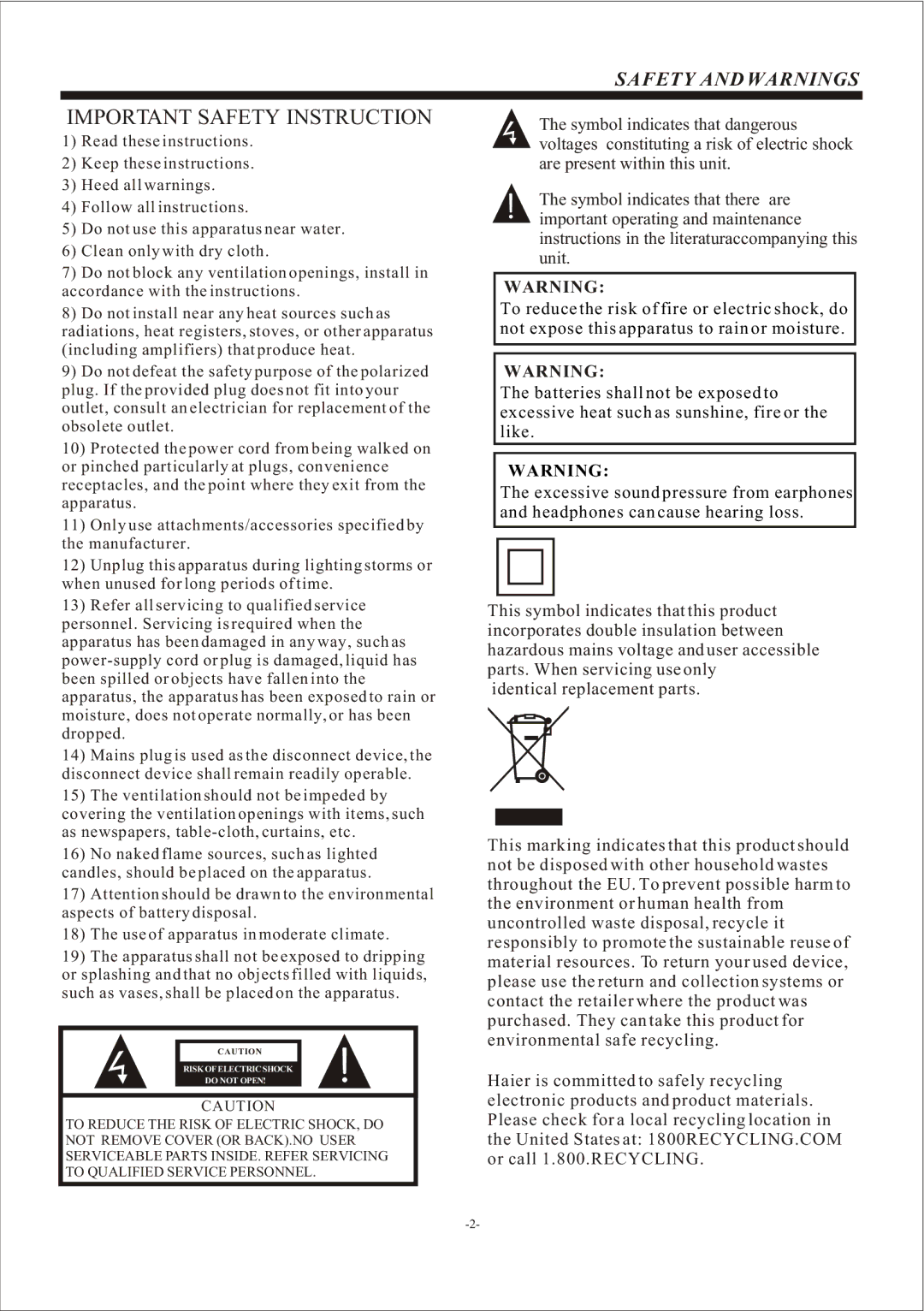 Haier L19B1120, L22B1120, L24B1180 manual Important Safety Instruction, Safety and Warnings 