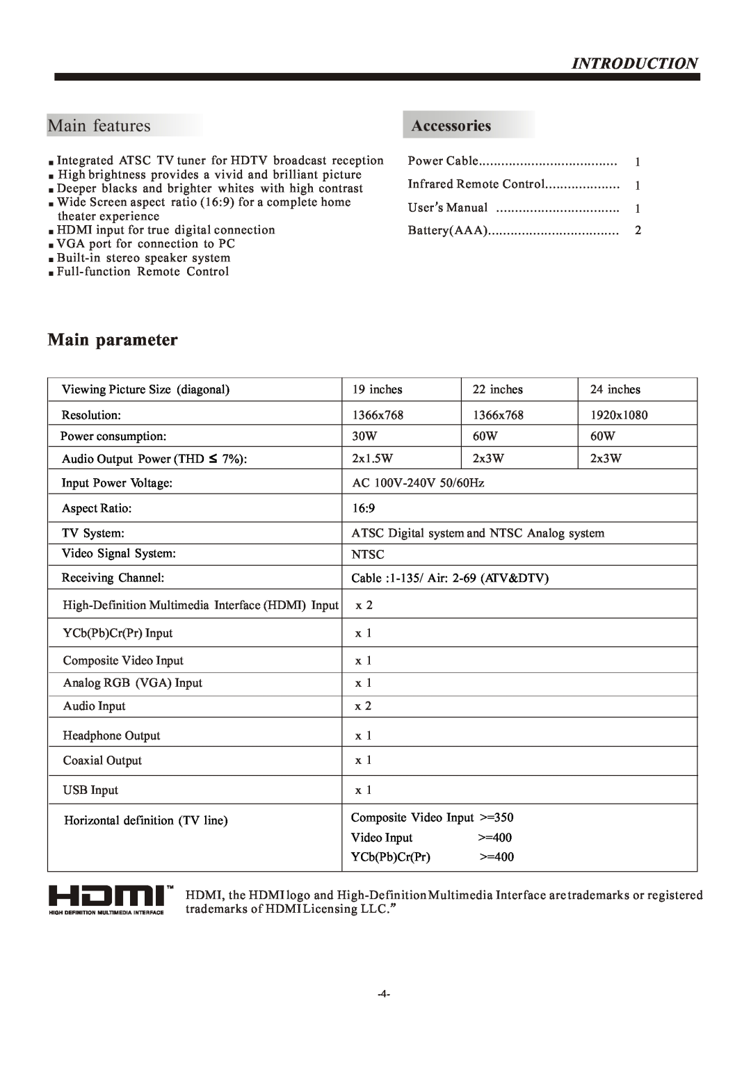Haier L24B1180, L19B1120, L22B1120 manual Main features, Main parameter, Introduction, Accessories 