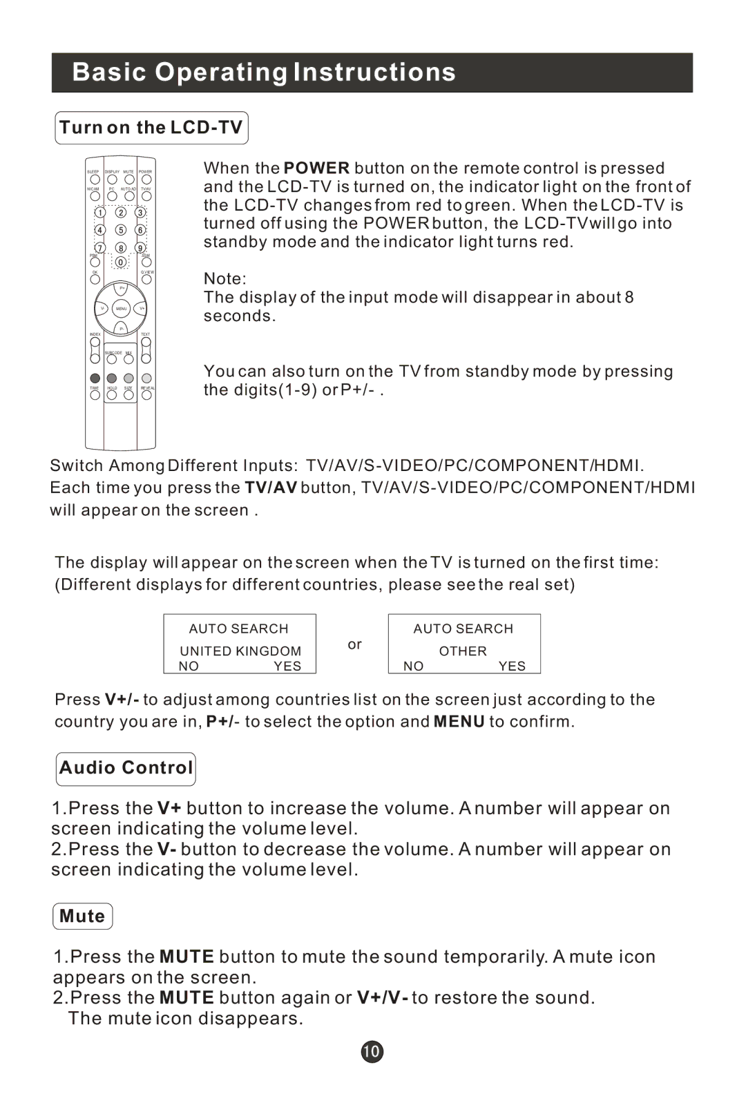 Haier L19R1BW user manual Basic Operating Instructions, Turn on the LCD-TV, Audio Control, Mute 