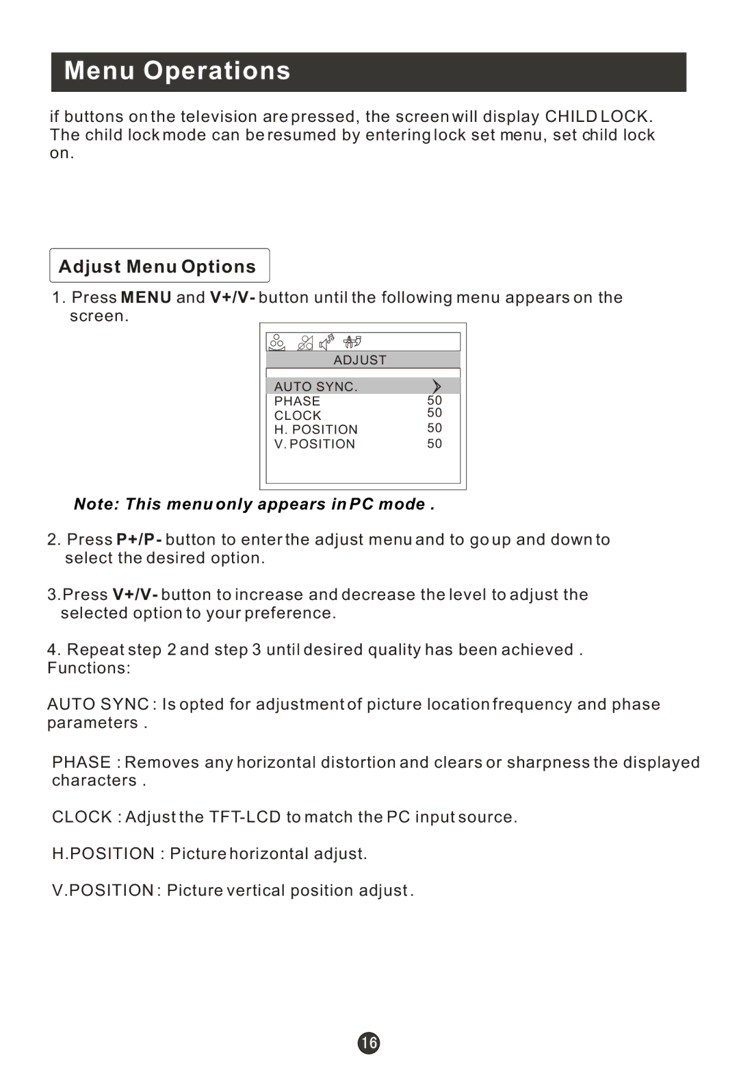 Haier L19R1BW user manual Adjust Menu Options 