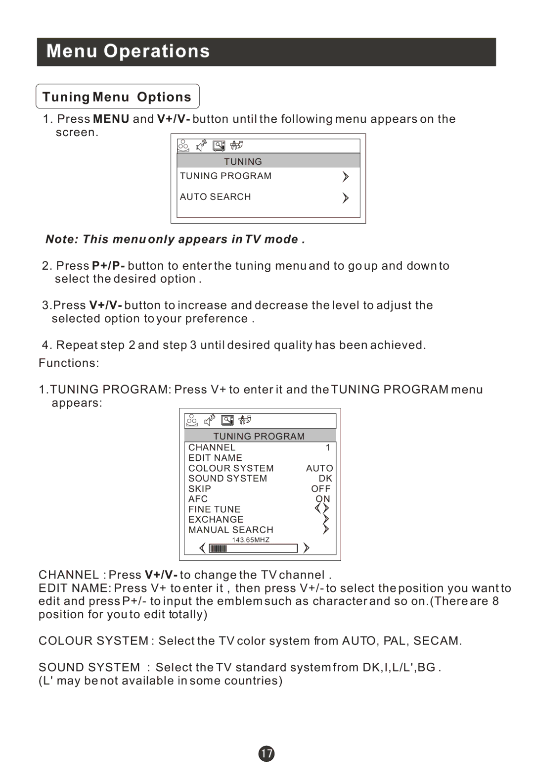 Haier L19R1BW user manual Tuning Menu Options 