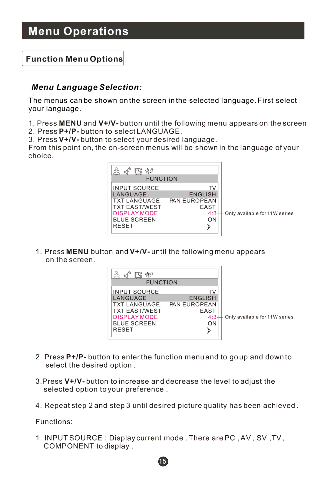 Haier L1510A-A, L2009-A, L1709-A, L1910B-A, L2011W-A, L1910A-A, L1911W-A, L1509-A Function Menu Options, Menu Language Selection 