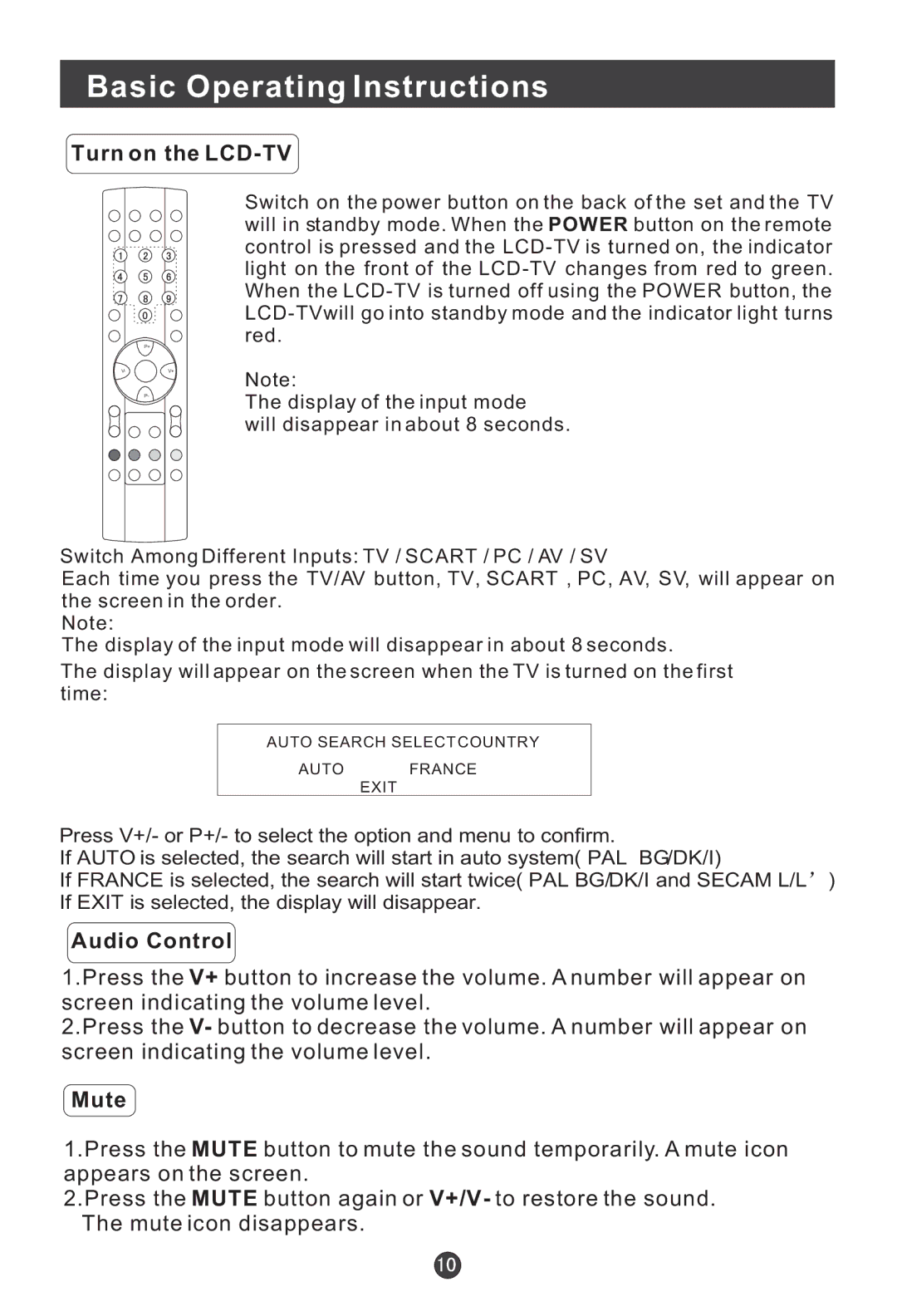 Haier L20A11W, L2009-A user manual Basic Operating Instructions, Turn on the LCD-TV, Audio Control, Mute 