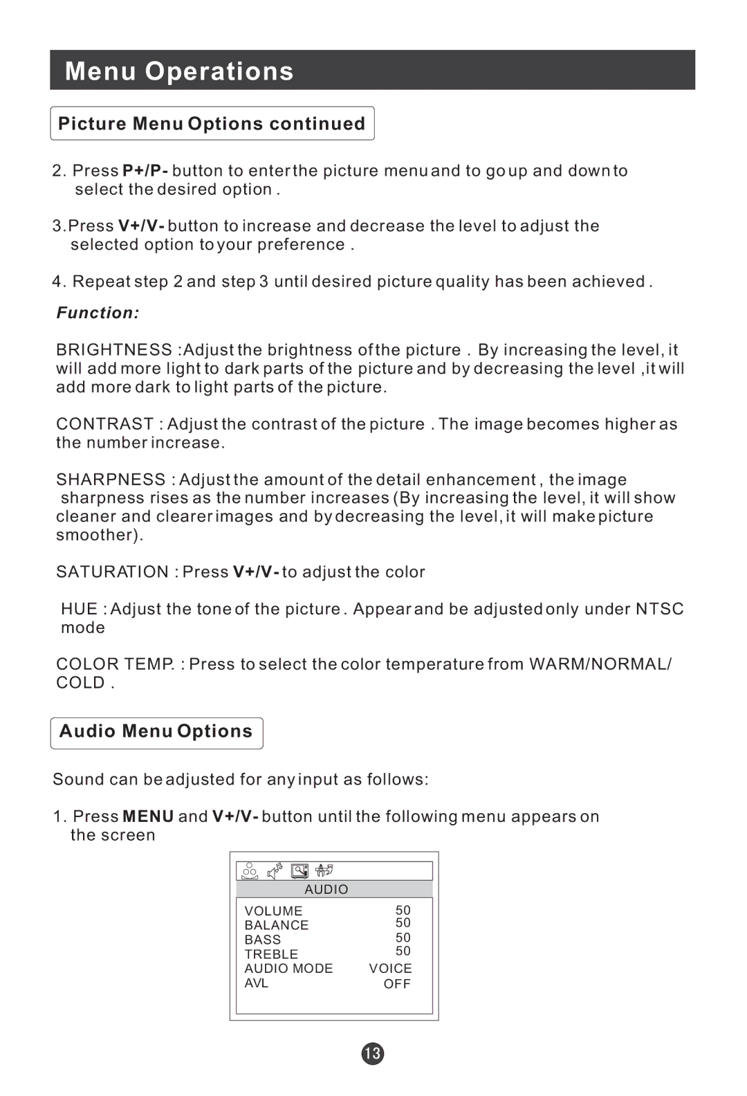 Haier L20A11W, L2009-A user manual Audio Menu Options, Function 