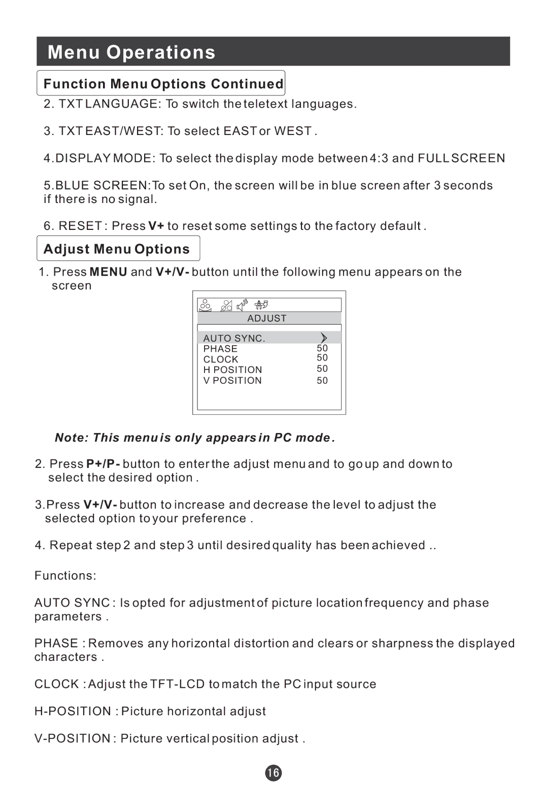 Haier L20A11W, L2009-A user manual Adjust Menu Options 