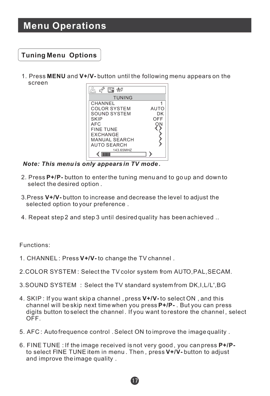 Haier L20A11W, L2009-A user manual Tuning Menu Options 