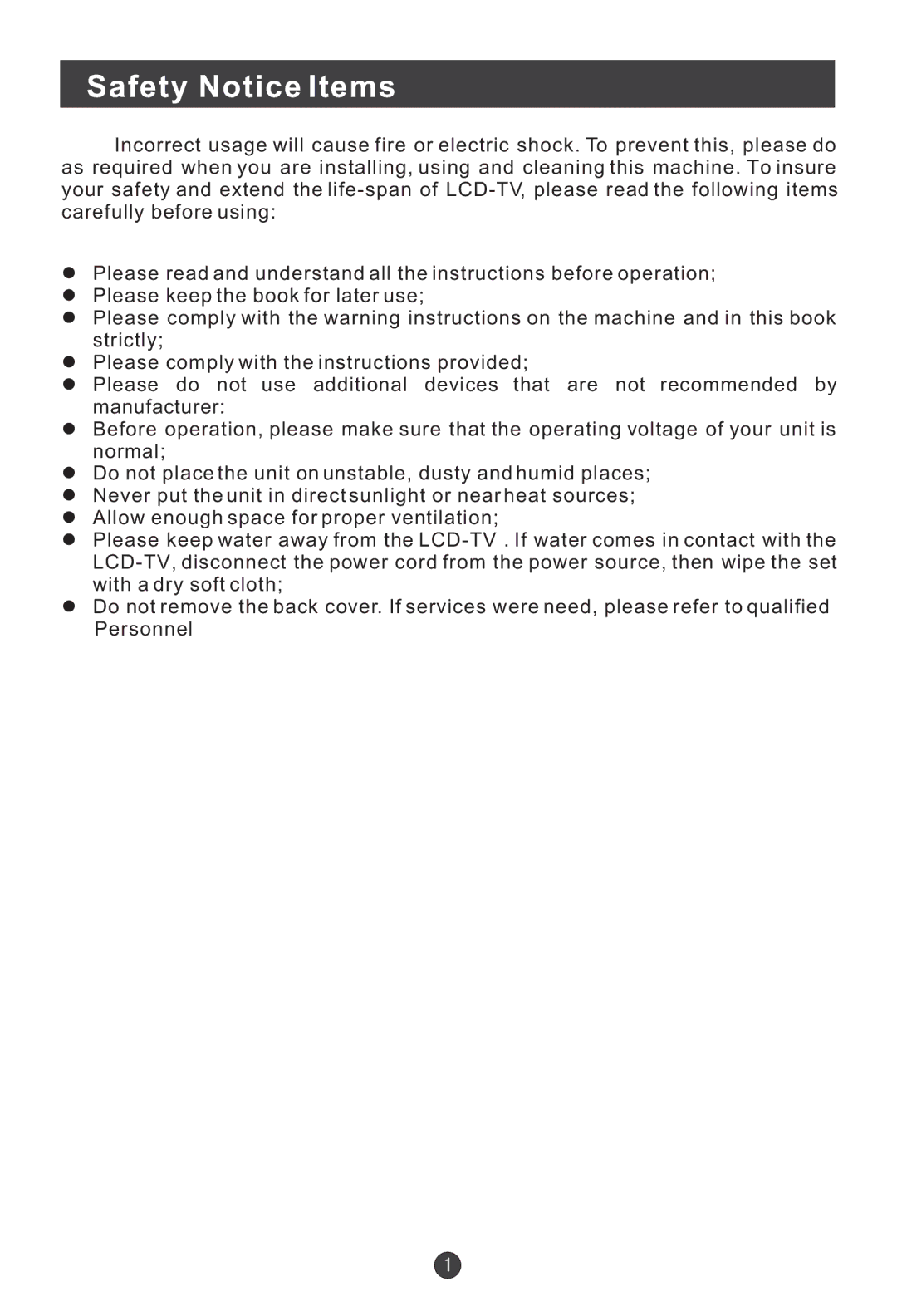 Haier L20A11W, L2009-A user manual Safety Notice Items 