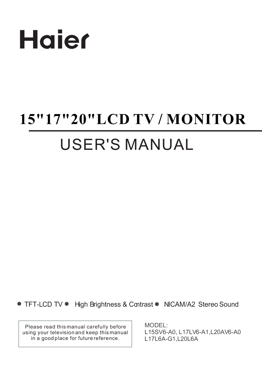 Haier L20AV6-A0, L17L6A-G1 user manual 151720LCD TV / Monitor 