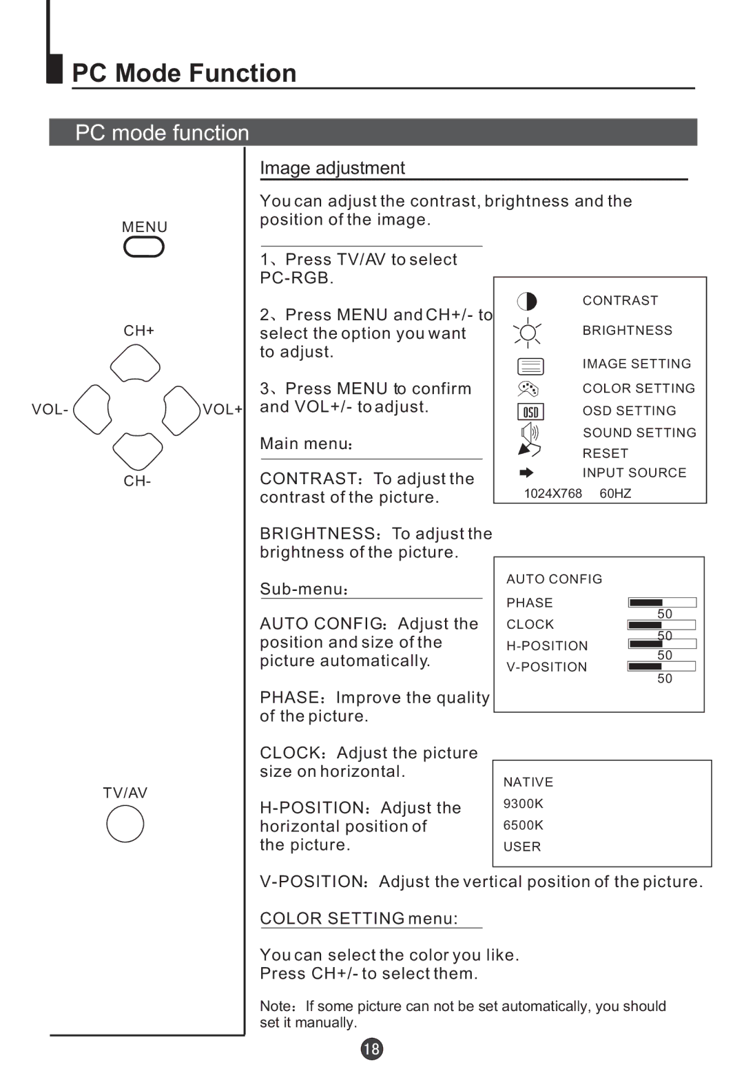 Haier L20AV6-A0 user manual PC Mode Function, PC mode function, Image adjustment 