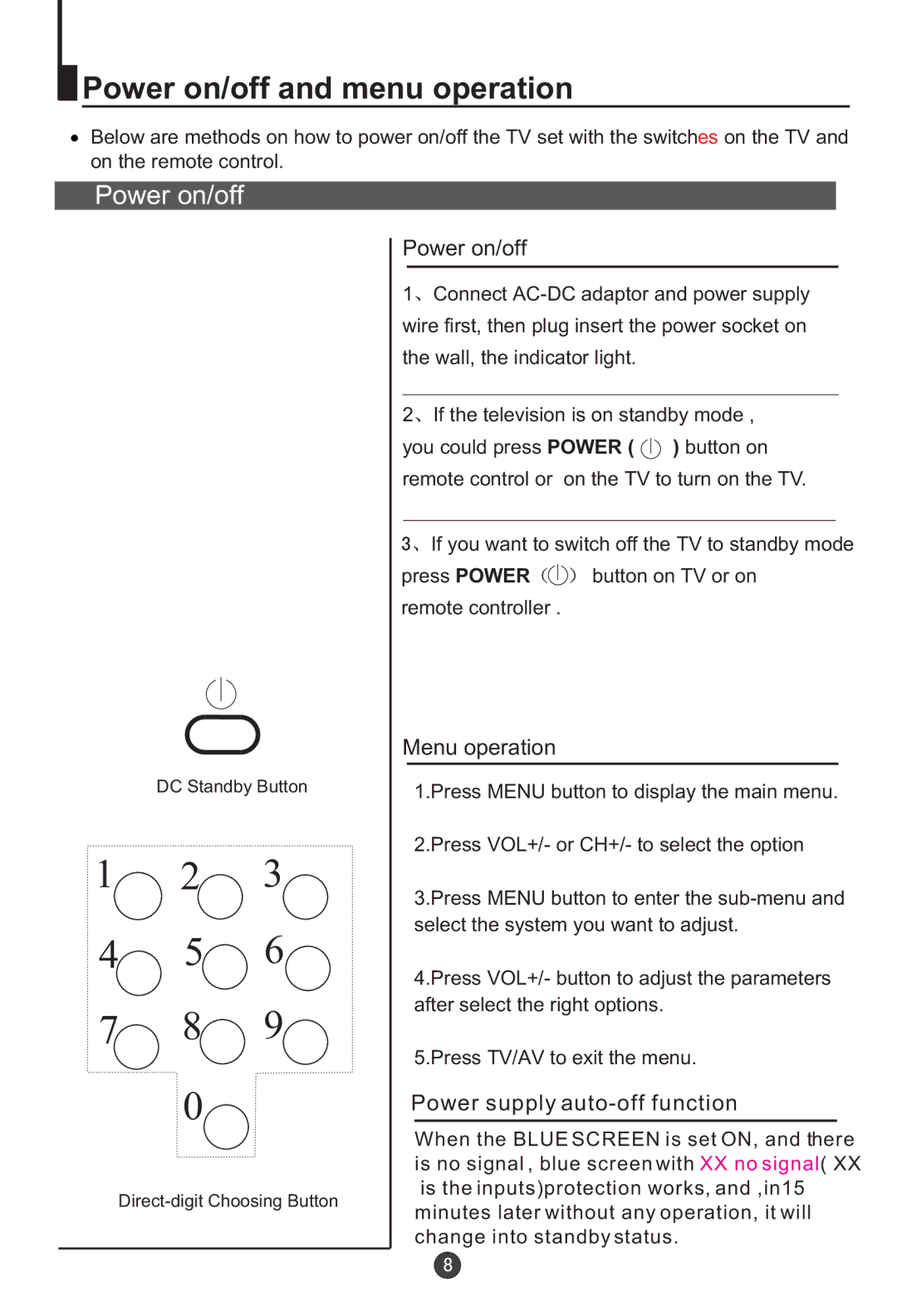 Haier L20AV6-A0 user manual Power on/off and menu operation, Menu operation, Power supply auto-off function 