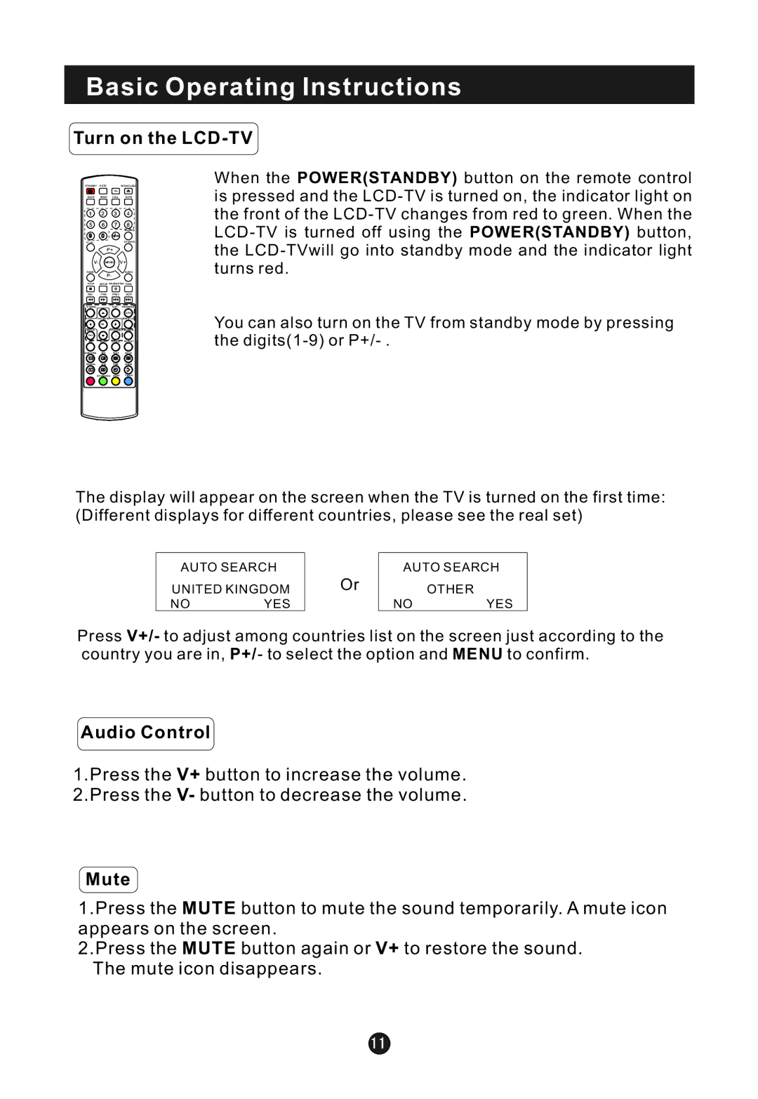 Haier L15T11W-C, L22T11W-C, L19TA12W, L19TC11W, LT22T1W Basic Operating Instructions, Turn on the LCD-TV, Audio Control, Mute 