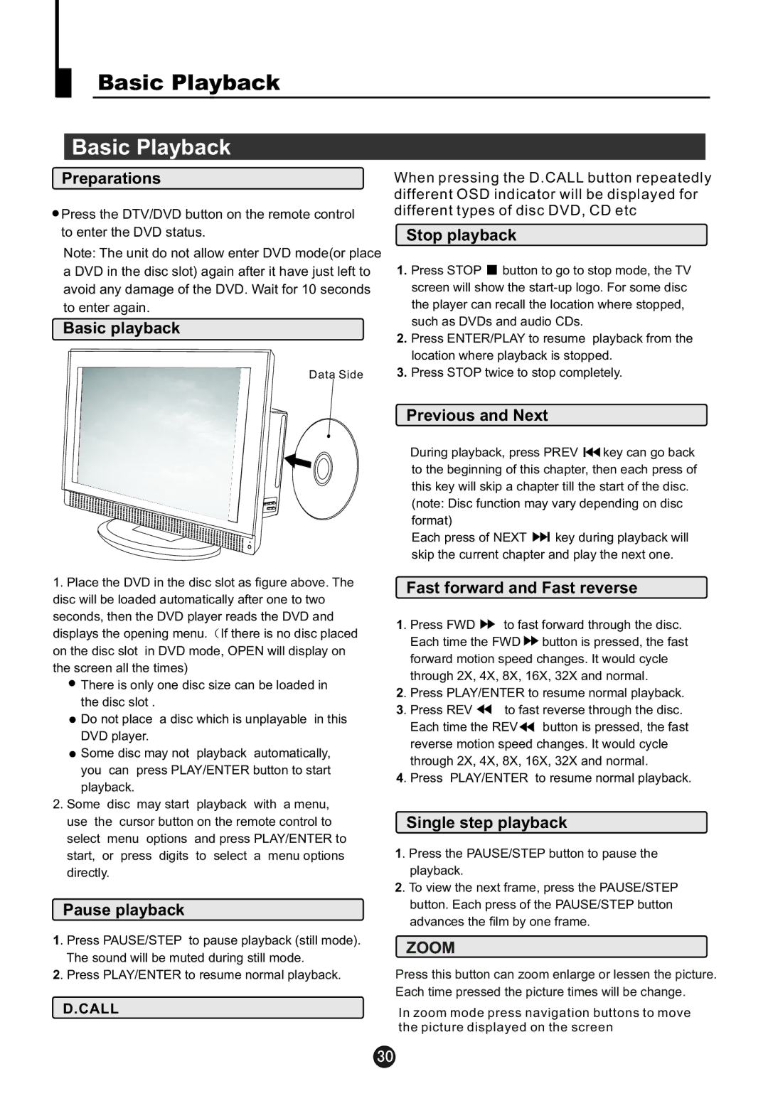 Haier L22T11W-C Preparations, Basic playback, Stop playback, Pause playback Previous and Next, Single step playback 