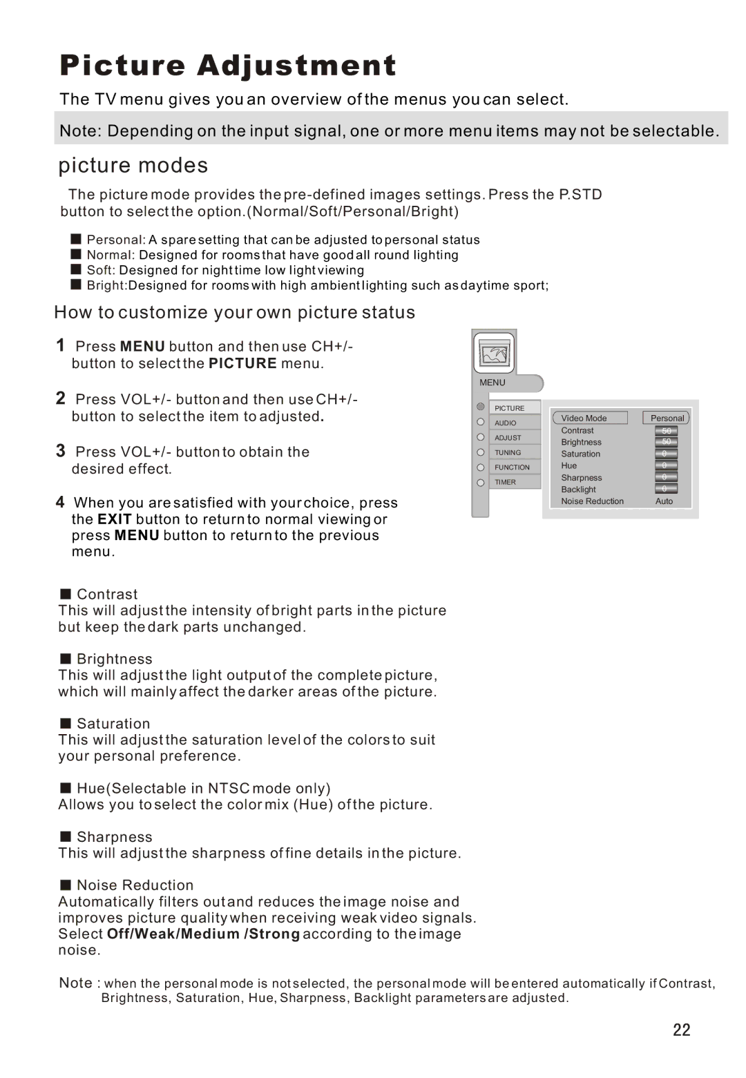 Haier L26A16 owner manual Picture Adjustment, Picture modes 